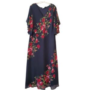 ROAMAN'S Vintage Maxi Dress Blue/Red Floral Print Size 30 W Bohemian Lined Dress